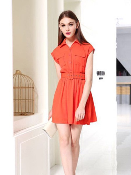 七彩蝶女装2022春夏季橙色衬衫裙