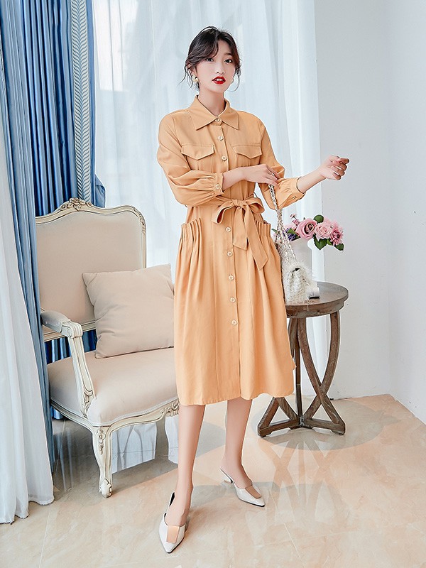 样女装2022秋冬季橙色衬衫裙