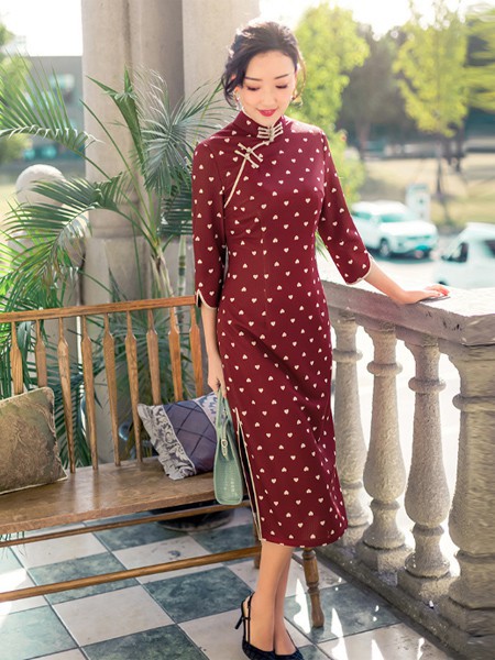 逸红颜女装2022秋冬季酒红色旗袍