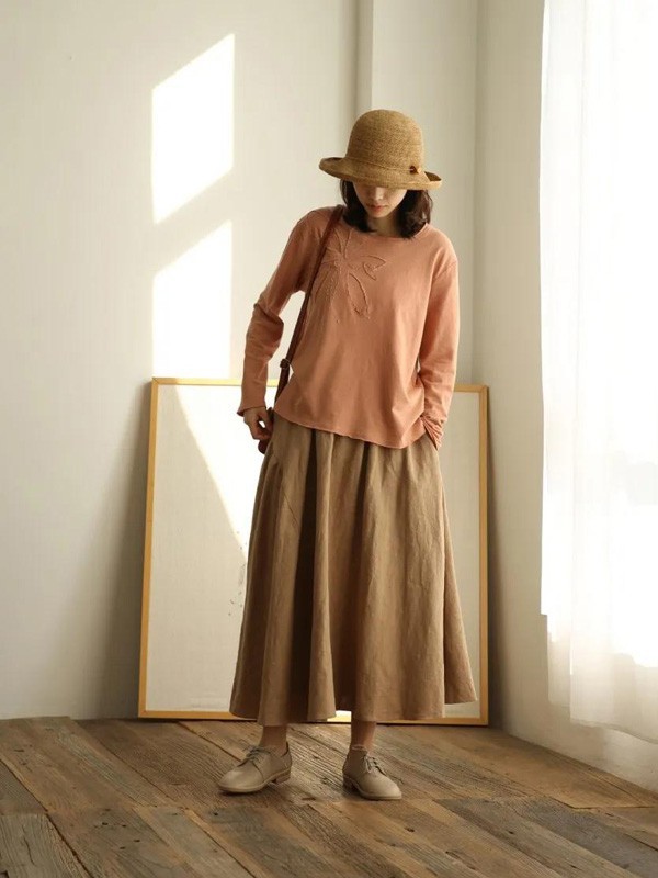 素缕女装2022秋冬季橙色T恤