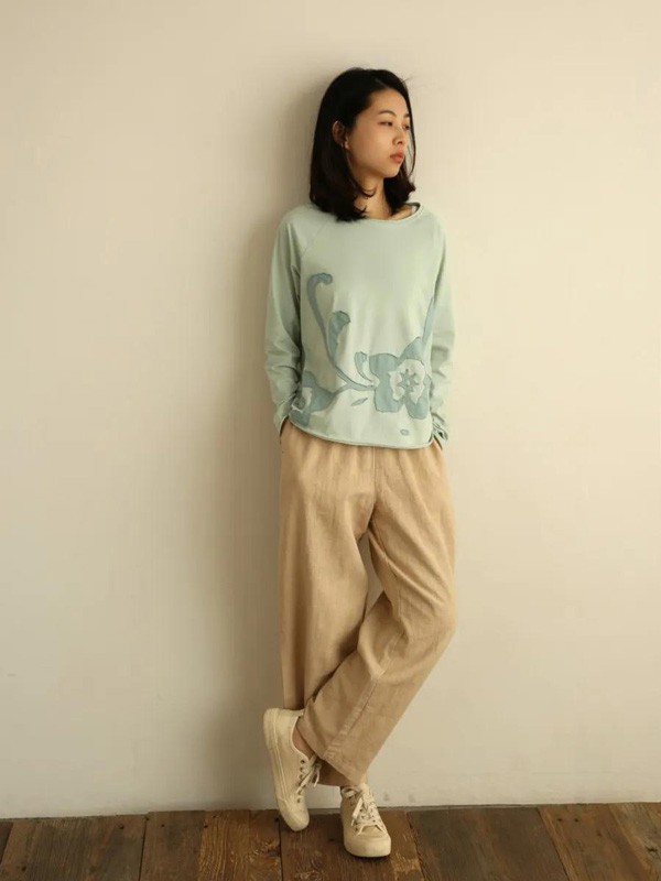 素缕女装2022秋冬季蓝色T恤