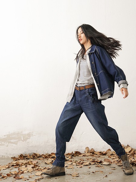 素缕女装2022秋冬季藏蓝色长裤