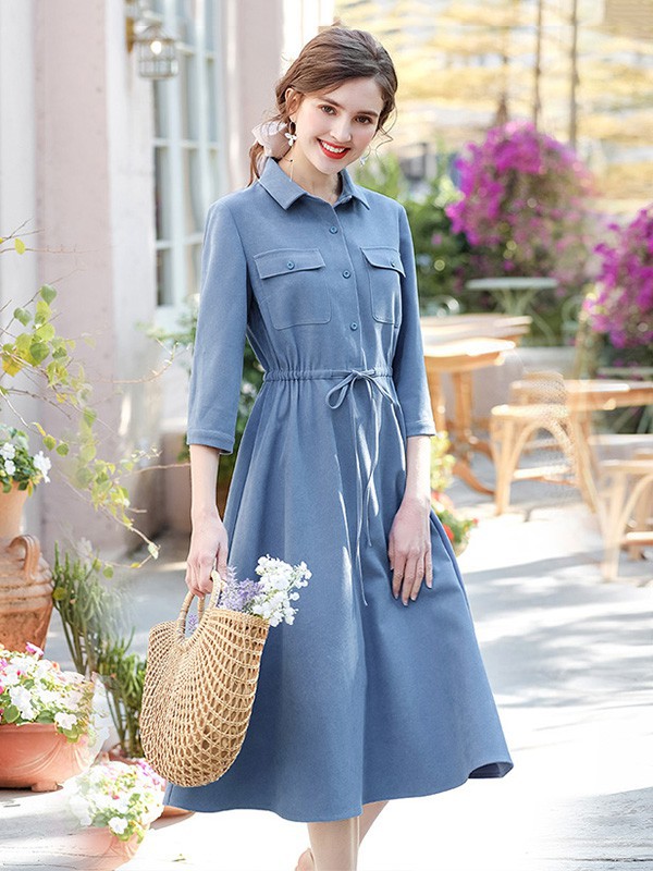 艾蓓怡女装2023春夏季蓝色衬衫裙