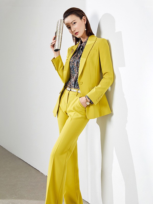 颈袖添香女装2022秋冬季黄色西装