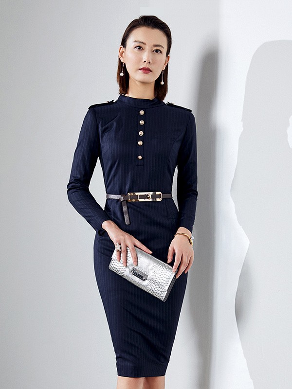 颈袖添香女装2022秋冬季藏蓝色连衣裙