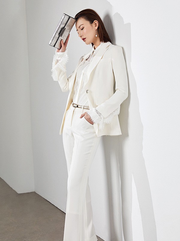 颈袖添香女装2023春夏季白色西装