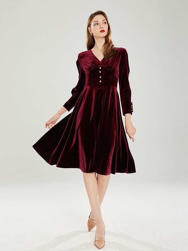 Gerolamo女装2022秋冬季酒红色连衣裙