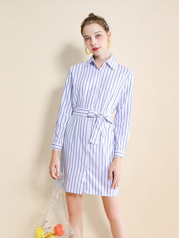 U.Vomade女装2023春夏季蓝色衬衫裙