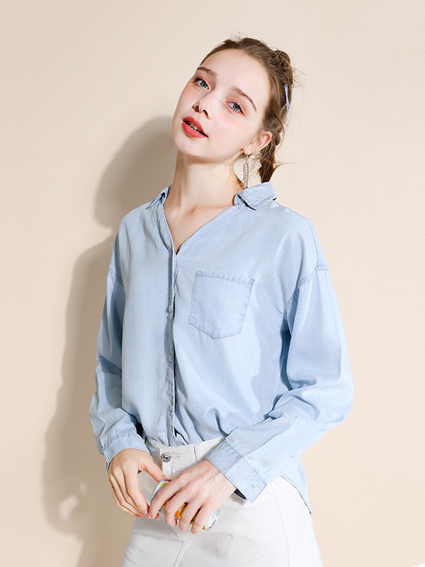 U.Vomade女装2023春夏季蓝色衬衫