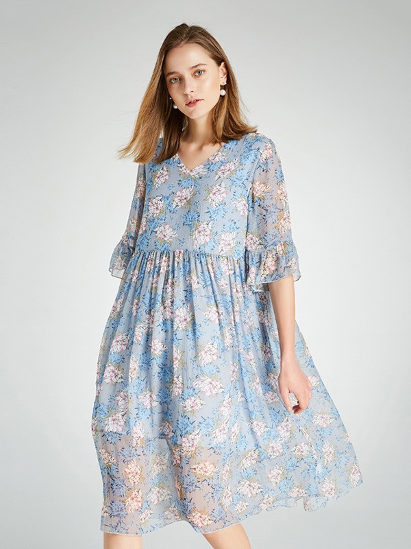 慕曼女装2023春夏季蓝色连衣裙