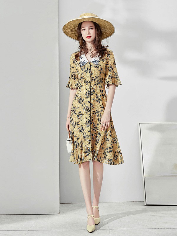 维多拉斯女装2023春夏季绿色连衣裙