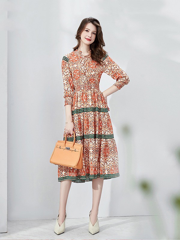 维多拉斯女装2023春夏季橙色连衣裙