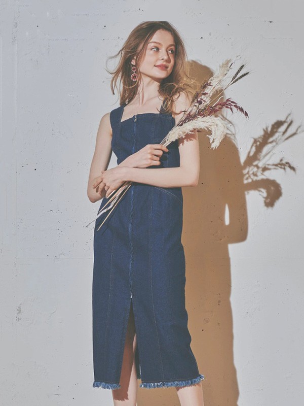 ROYALPARTY女装2023春夏季藏蓝色吊带裙