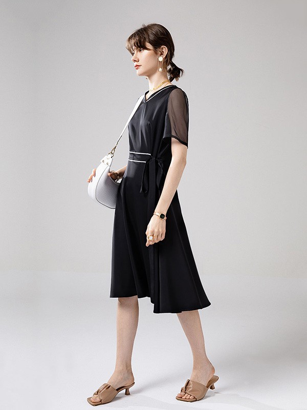 紫澜门女装2023春夏季黑色连衣裙