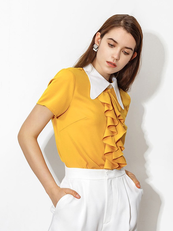 紫澜门女装2023春夏季黄色衬衫