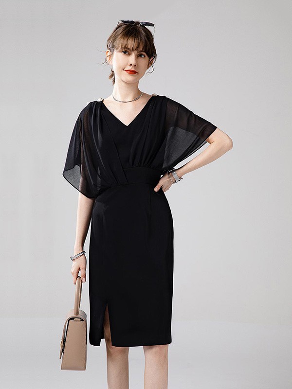 紫澜门女装2023春夏季黑色连衣裙