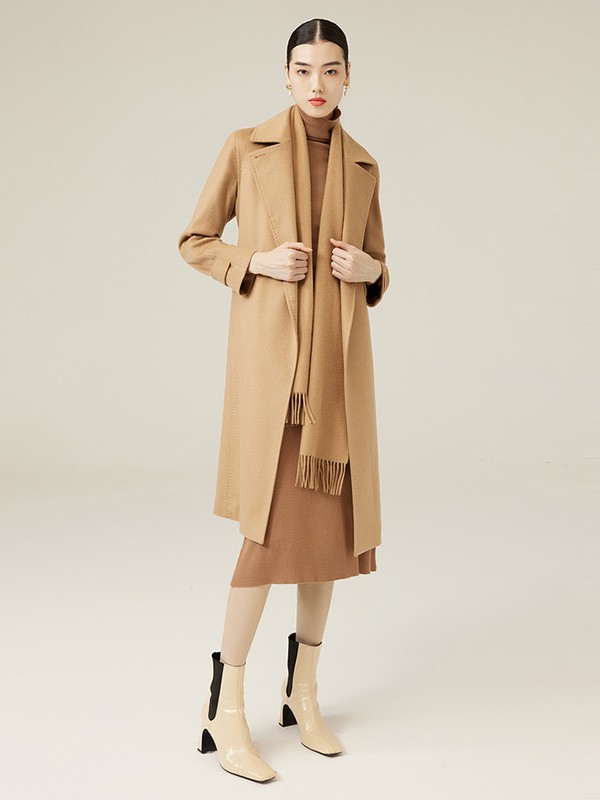 鄂尔多斯女装2021秋冬季卡其色纯色大衣