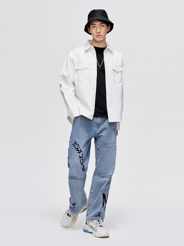 马克华菲2022春夏季蓝色拼接阔腿裤