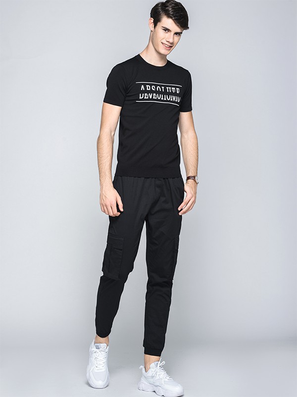 鲁宾汉男装2021春夏季黑色印花T恤