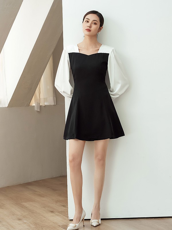 尼赫菲2022春夏季黑色收腰连衣裙