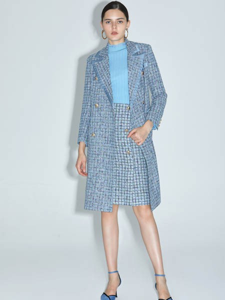 红凯贝尔女装2021秋冬季蓝色格子大衣