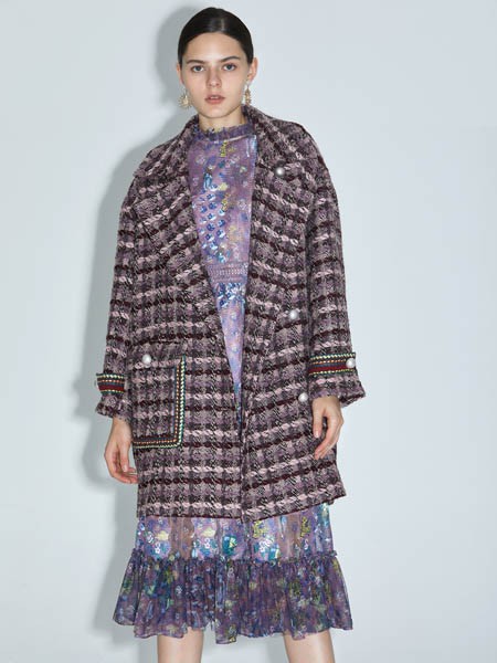 红凯贝尔女装2021秋冬季棕色格子大衣