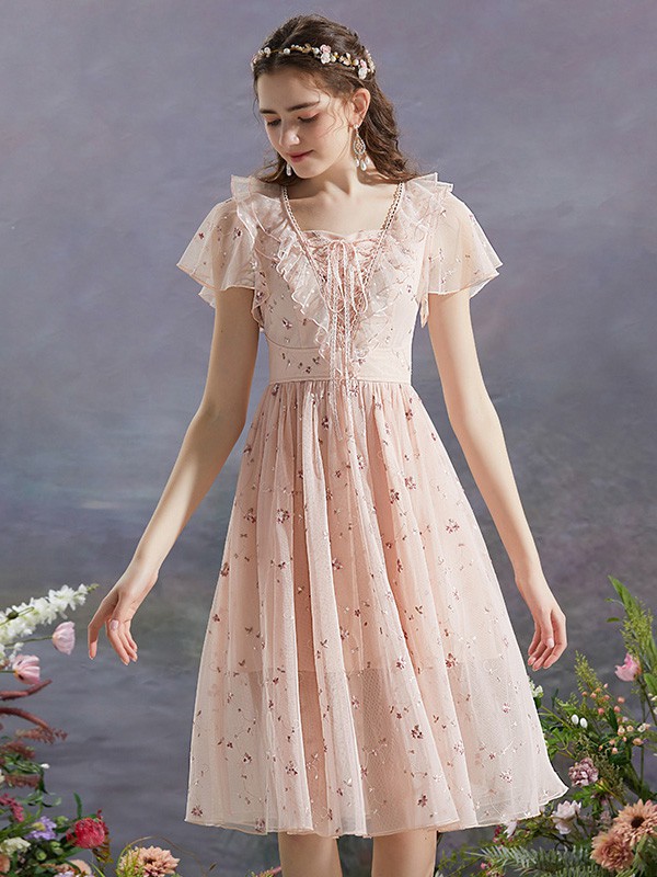 花儿开了女装2022春夏季裸色波点连衣裙