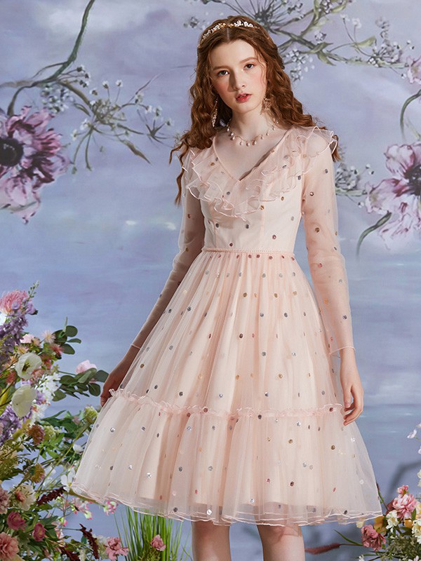 花儿开了女装2022春夏季裸色波点连衣裙