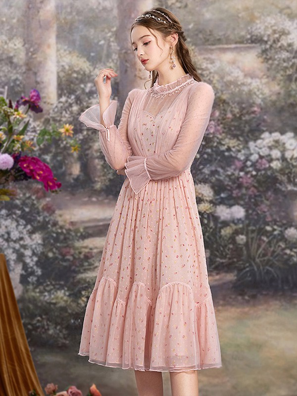 花儿开了女装2022春夏季粉色印花连衣裙