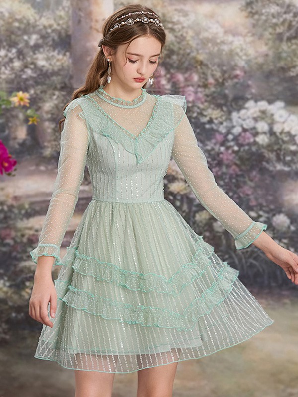 花儿开了女装2022春夏季绿色木耳边连衣裙