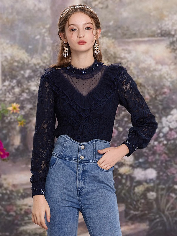 花儿开了女装2022春夏季黑色纯色上衣