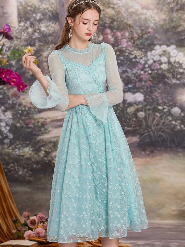 花儿开了女装2022春夏季蓝色波点连衣裙