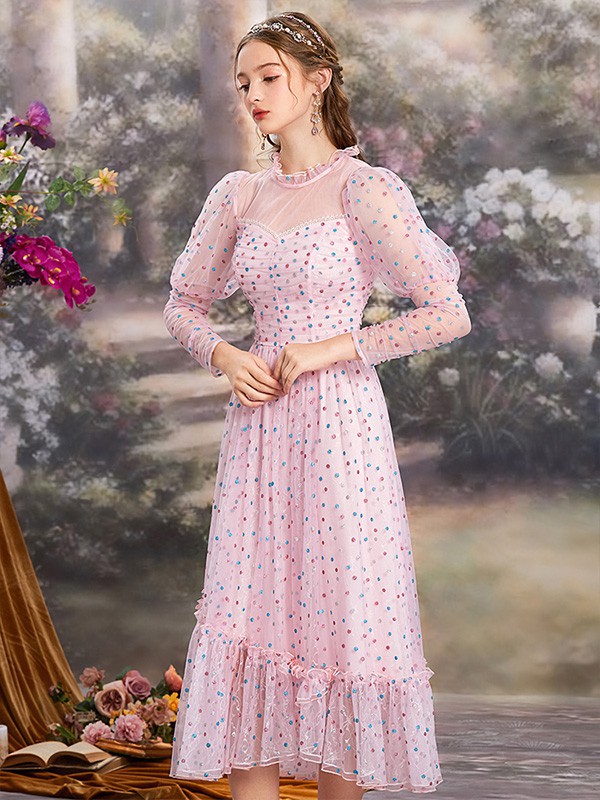 花儿开了女装2022春夏季粉色波点连衣裙