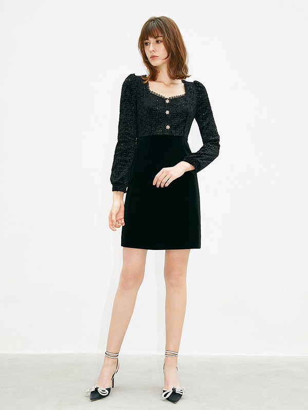 伊华欧秀2021秋冬季黑色纯色连衣裙