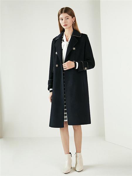 奥菲曼女装2021秋冬季黑色纯色大衣