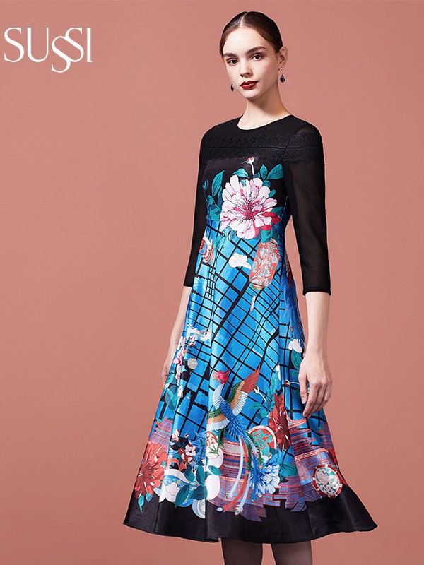 古色2021秋冬季拼色印花连衣裙