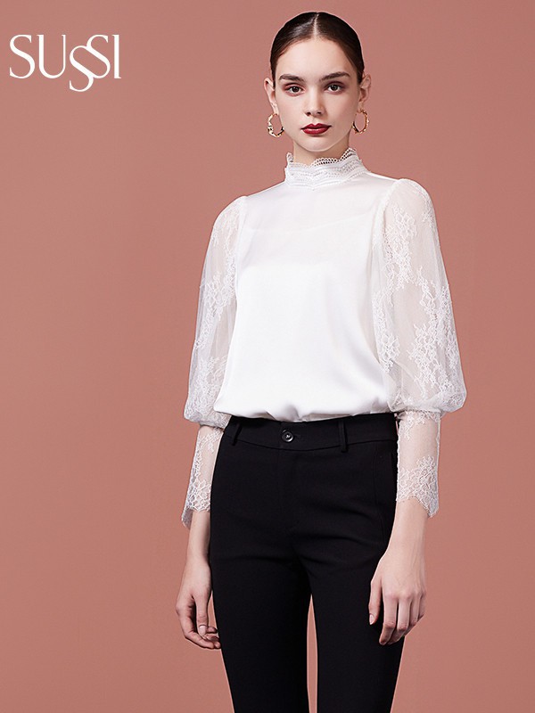 古色2021秋冬季白色高领雪纺衫