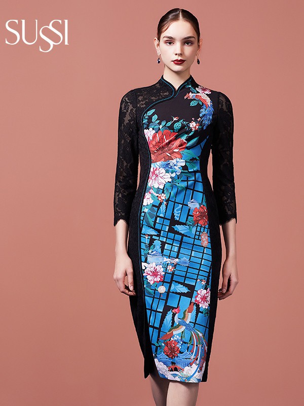 古色2021秋冬季拼色印花连衣裙