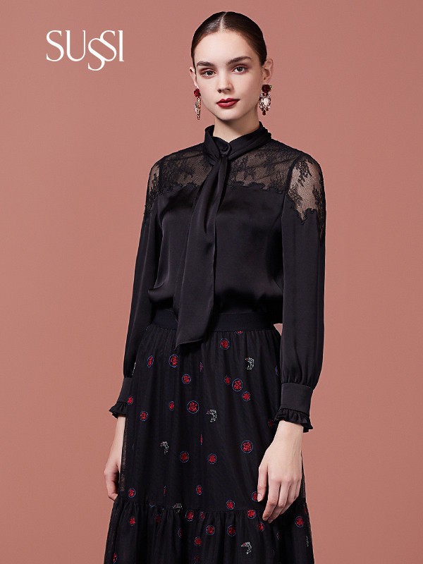古色2021秋冬季黑色纯色蕾丝衫