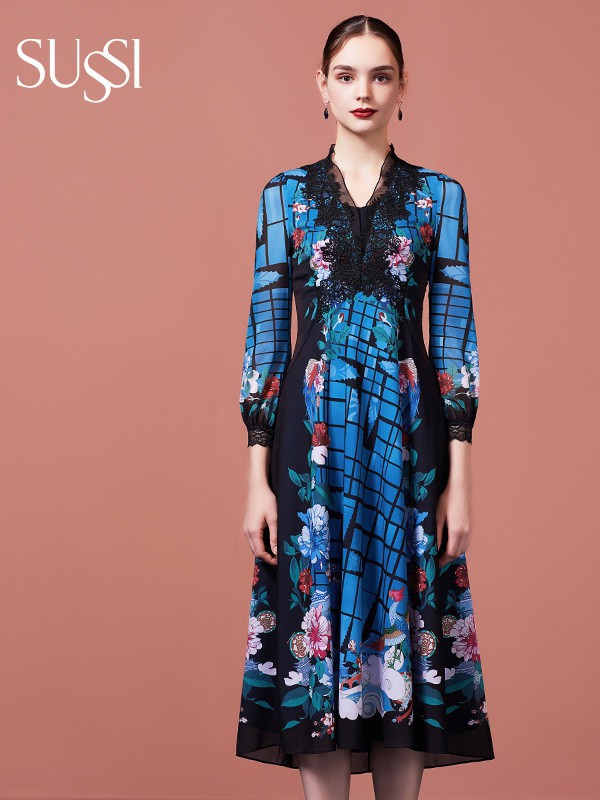 古色2021秋冬季蓝色印花连衣裙