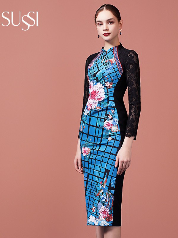 古色2021秋冬季拼色印花连衣裙