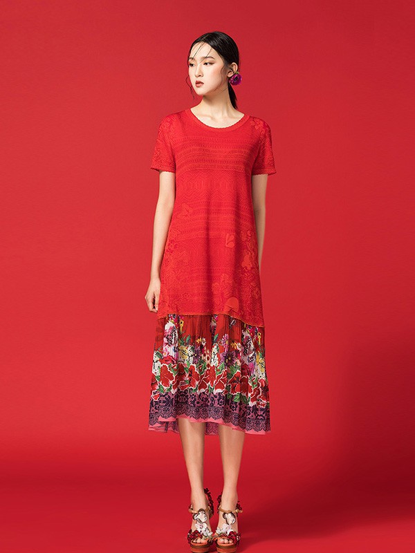 邓皓2022春夏季红色印花连衣裙