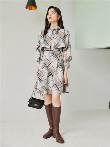 veromoda2021秋冬季灰色格子连衣裙