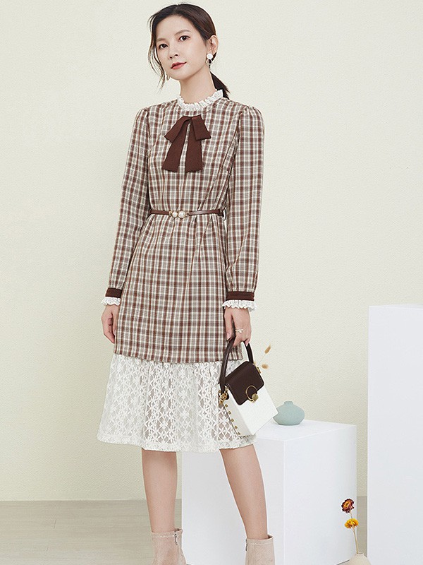 熙然2022春夏季拼色格子连衣裙