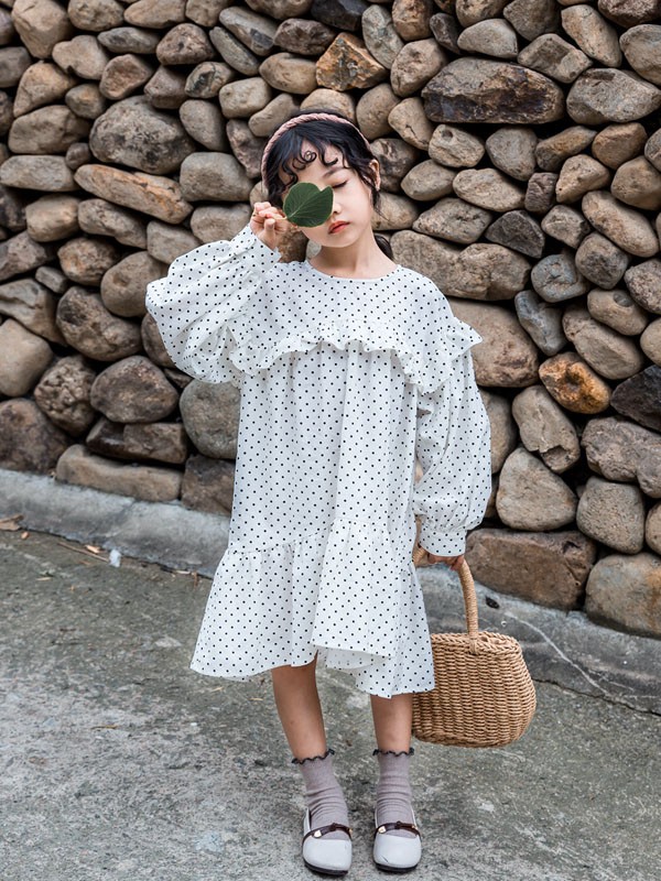 木朵爸爸童装2021秋冬季白色波点连衣裙