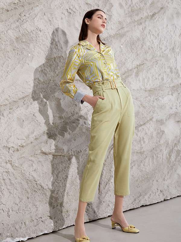 乔帛2022春夏季绿色印花雪纺衫