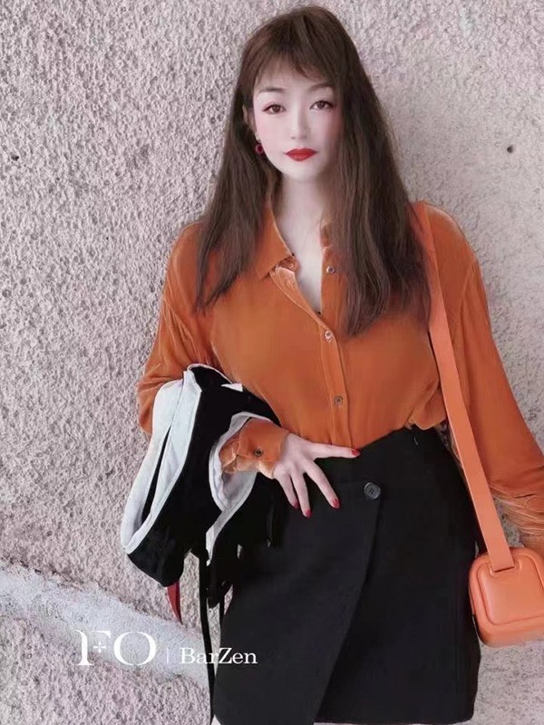 FOBarZen女装2022春夏季棕色纯色雪纺衫