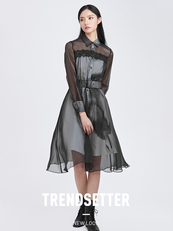 圣迪奥女装2022春夏季黑色透视连衣裙