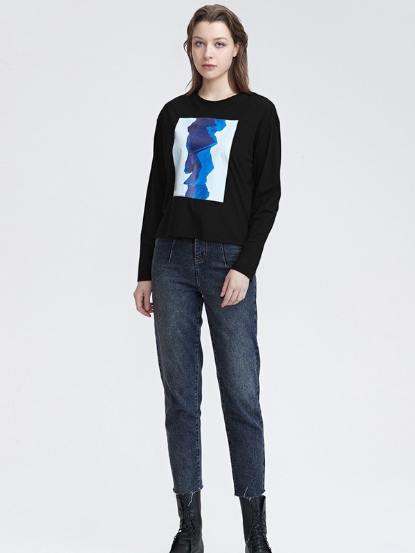 圣迪奥女装2022春夏季黑色印花T恤