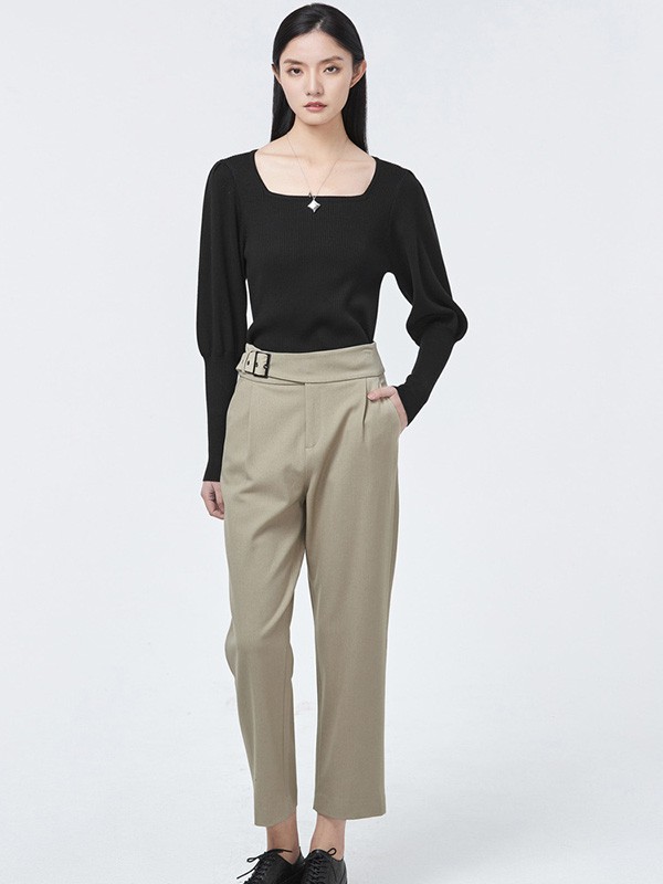 圣迪奥女装2022春夏季卡其色纯色长裤